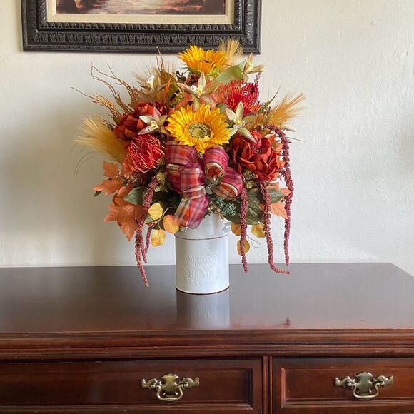 Fall Faux Floral Bouquet in White Jar With Sunflowers/Peonies - Picture 7 of 13